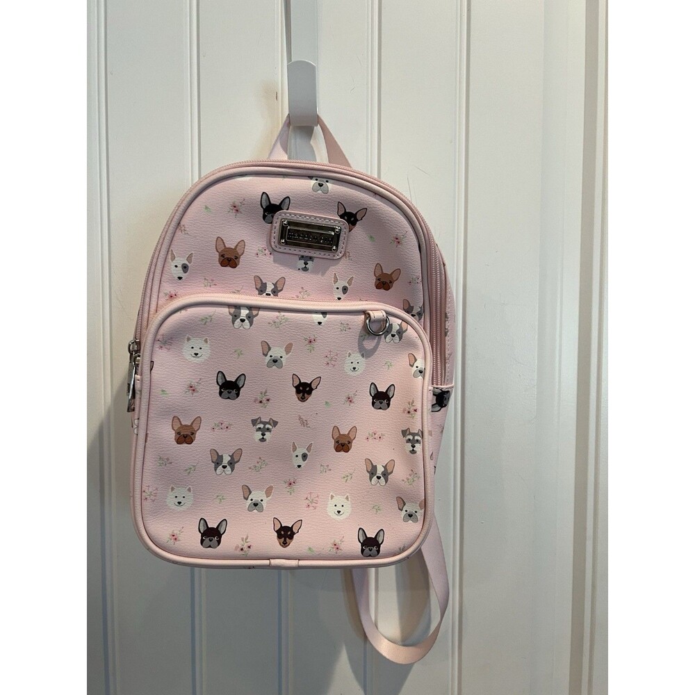 Madden Girl Pink Dog Print Mini Backpack Faux Leather French Bulldog Puppy Bag
